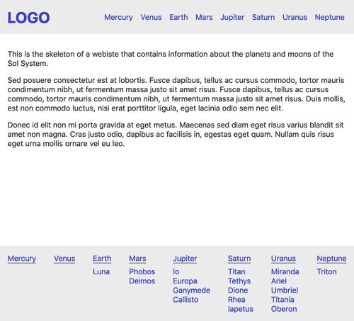 a very basic site showing a <header> and <footer> element, with a <nav> element styled differently within each