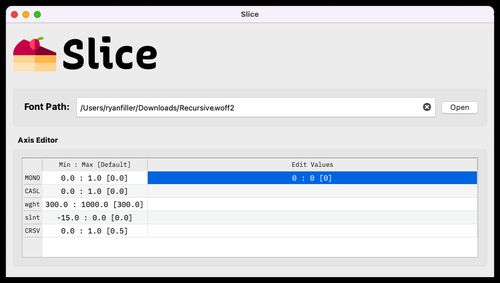 slice app removing the mono axis from the Recursive font