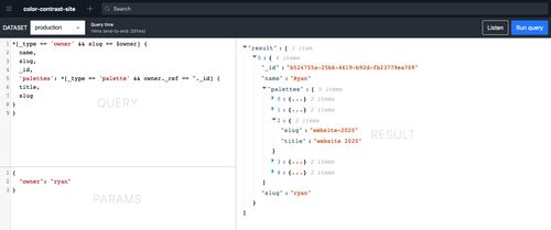 sanity vision plugin showing query and response for an owner's color palettes